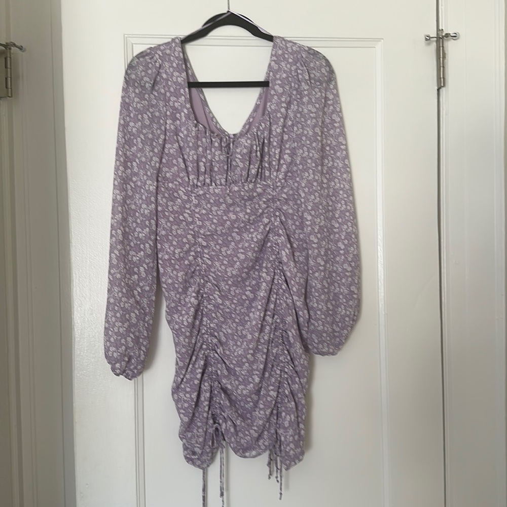 Lilac floral long sleeve dress with ruching